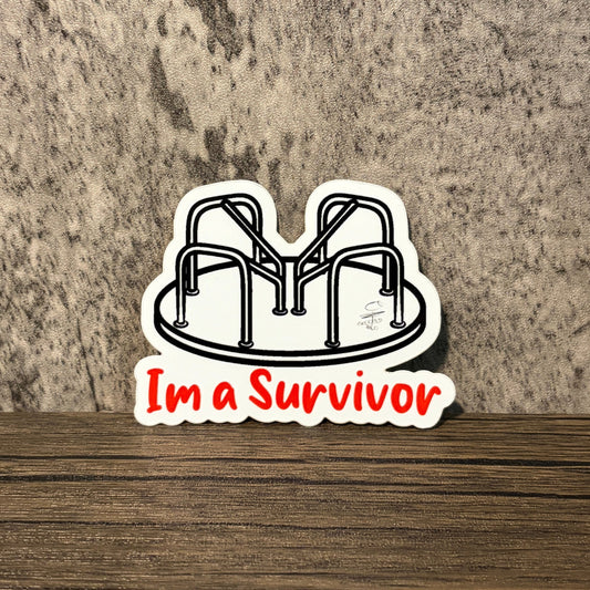 Impish Greetings I’m a Survivor vinyl sticker featuring a black and white playground merry-go-round illustration.