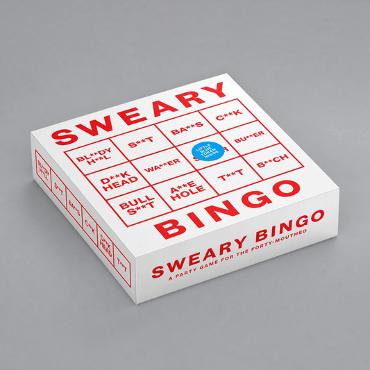 Impish Greetings Sweary Bingo party game box with red text and censored swear words on a white background