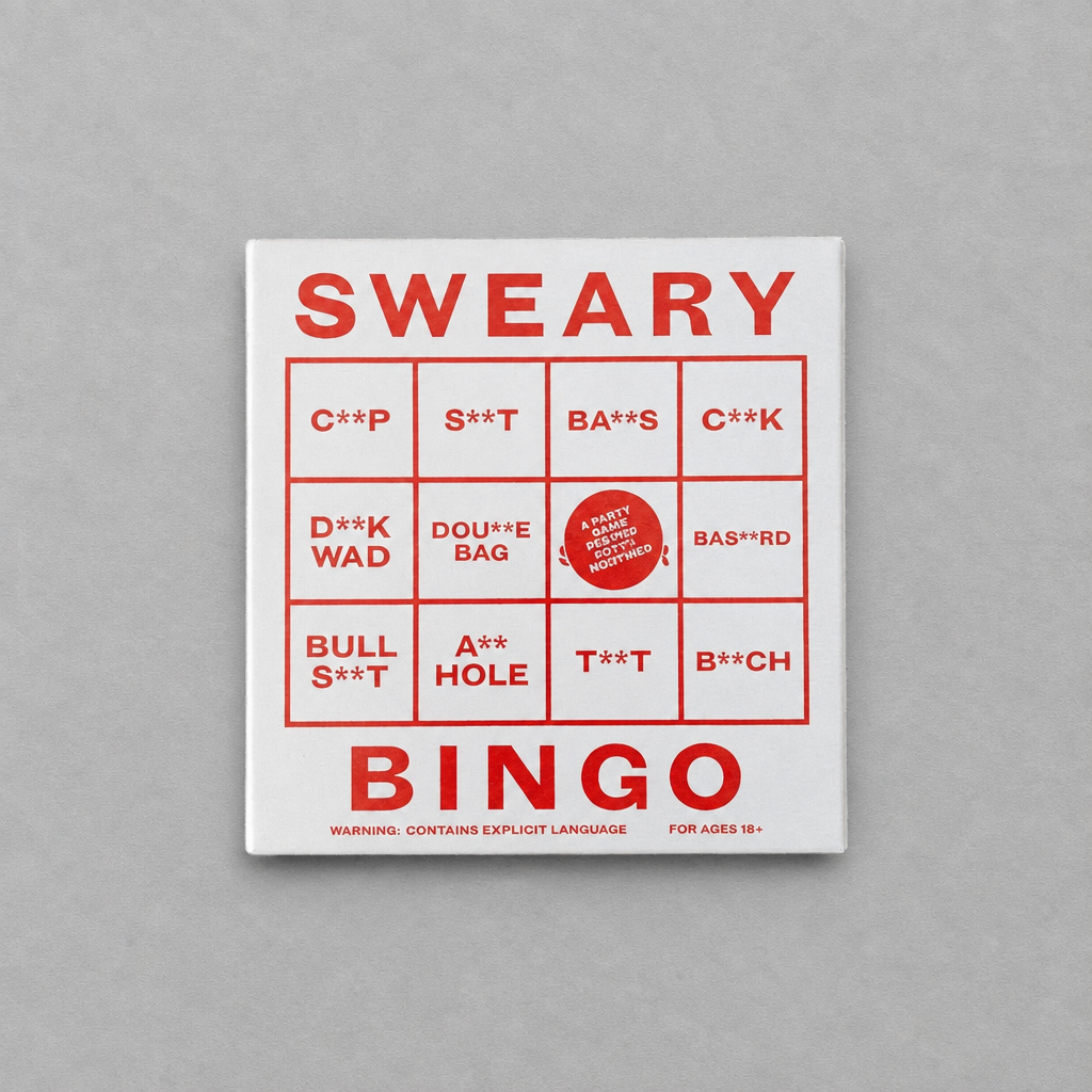Impish Greetings Sweary Bingo game box featuring red text on a white background with explicit adult humor phrases.