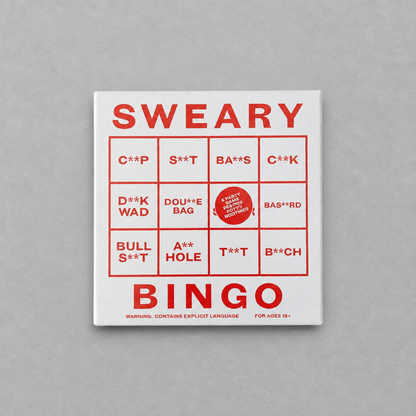 Impish Greetings Sweary Bingo game box featuring red text on a white background with explicit adult humor phrases.