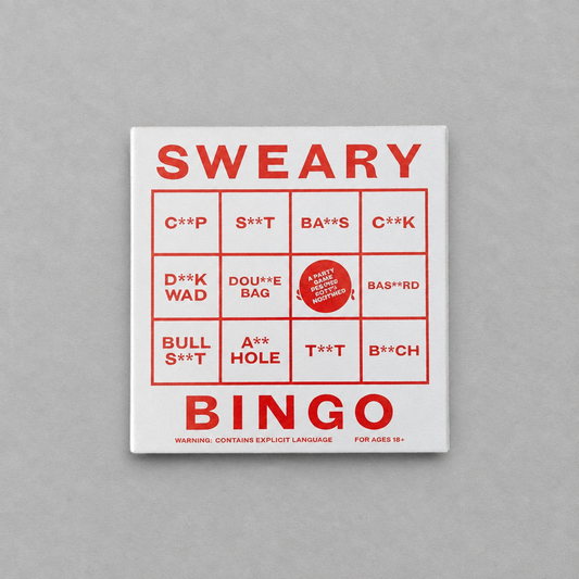 Impish Greetings Sweary Bingo game box featuring red text on a white background with explicit adult humor phrases.
