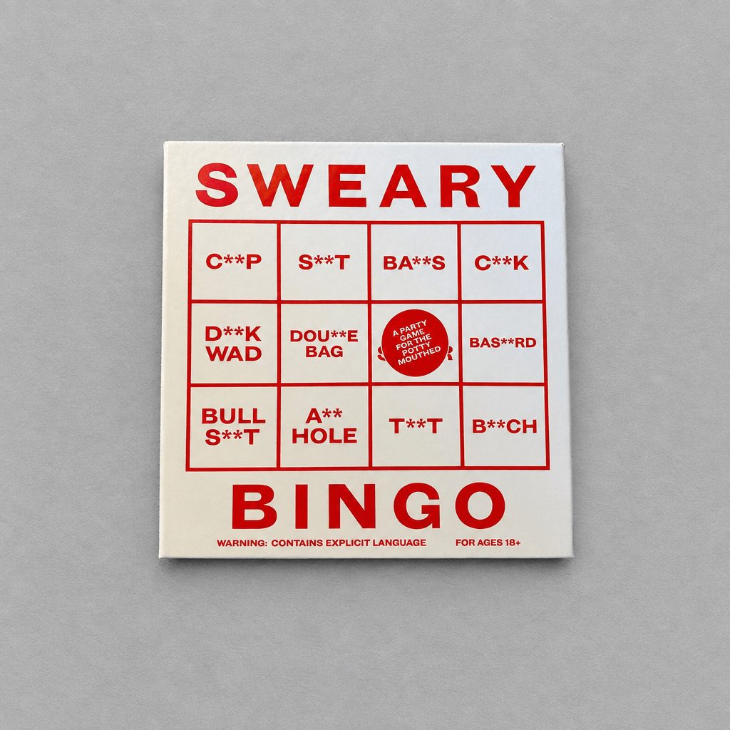 Impish Greetings Sweary Bingo party game box with red text and explicit phrases on a grey background
