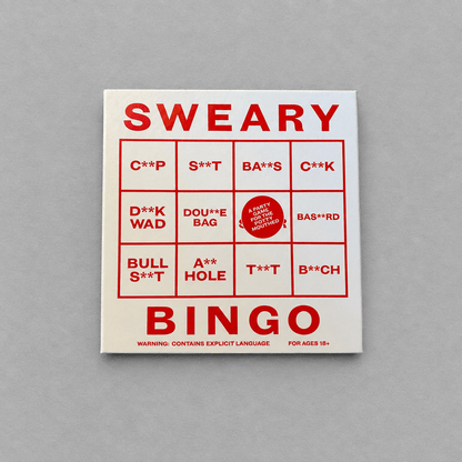 Impish Greetings Sweary Bingo party game box with red text and explicit phrases on a grey background
