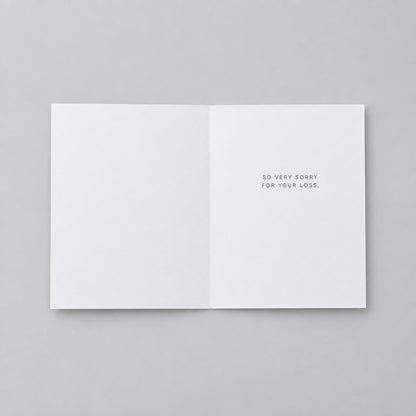 Impish Greetings sympathy card interior with the message So very sorry for your loss printed on recycled paper