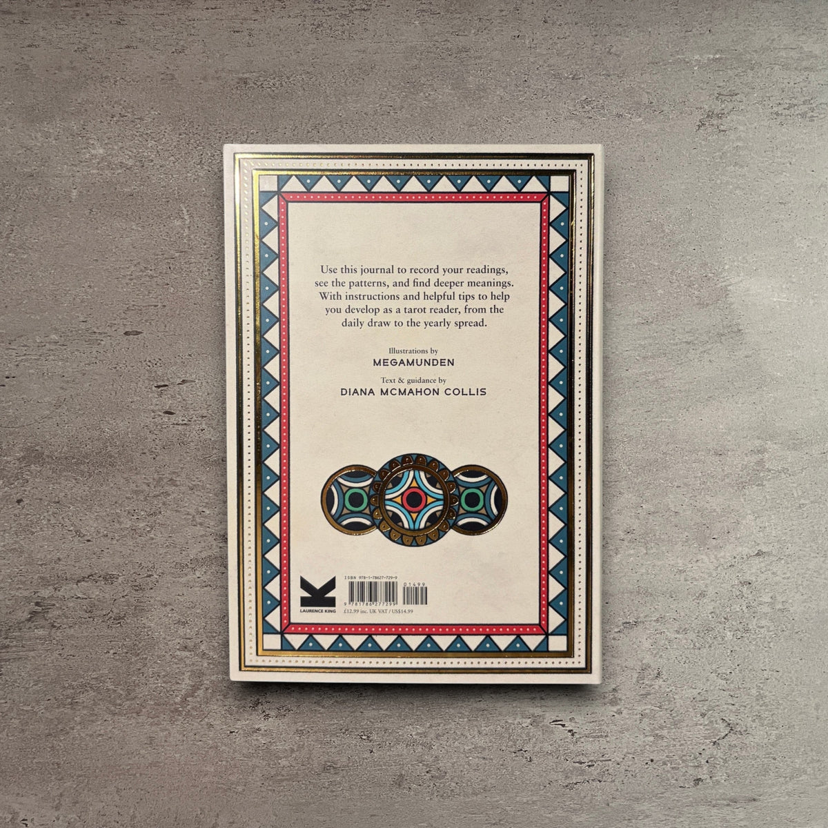 Back cover of the Impish Greetings Tattoo Tarot Journal featuring intricate blue, red, and gold decorative borders.