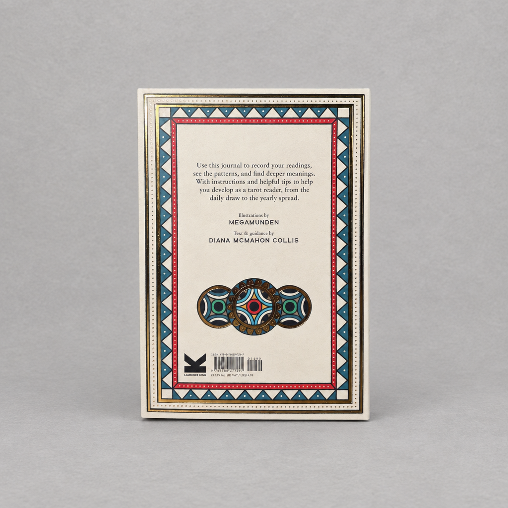 Back cover of the Impish Greetings Tattoo Tarot Journal featuring decorative geometric borders and gold foil accents.