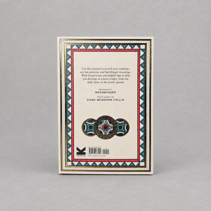 Back cover of the Impish Greetings Tattoo Tarot Journal featuring decorative geometric borders and gold foil accents.