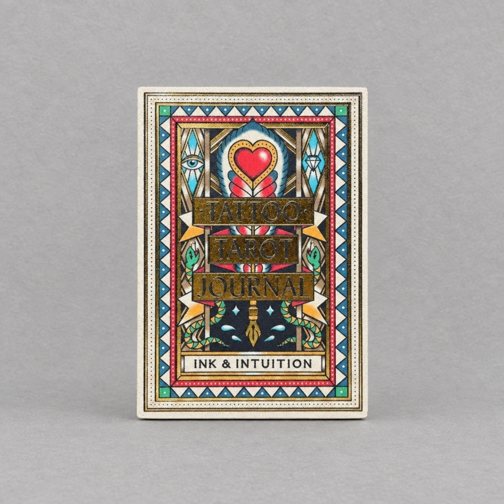 Impish Greetings Tattoo Tarot Journal featuring bold, colorful traditional tattoo-style artwork on a hardbound cover.