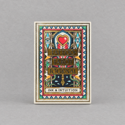 Impish Greetings Tattoo Tarot Journal featuring bold, colorful traditional tattoo-style artwork on a hardbound cover.