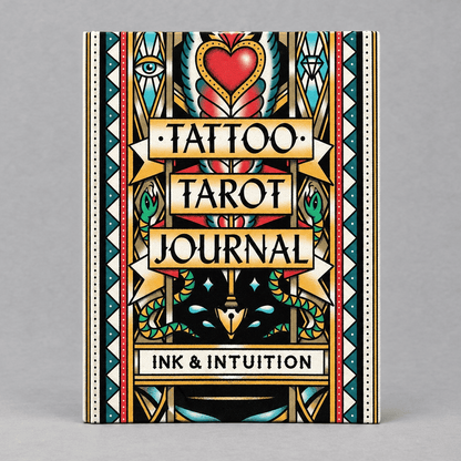 Impish Greetings Tattoo Tarot Journal featuring bold, colorful traditional tattoo-style artwork on the cover.