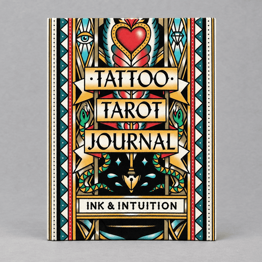 Impish Greetings Tattoo Tarot Journal featuring bold, colorful traditional tattoo-style artwork on the cover.