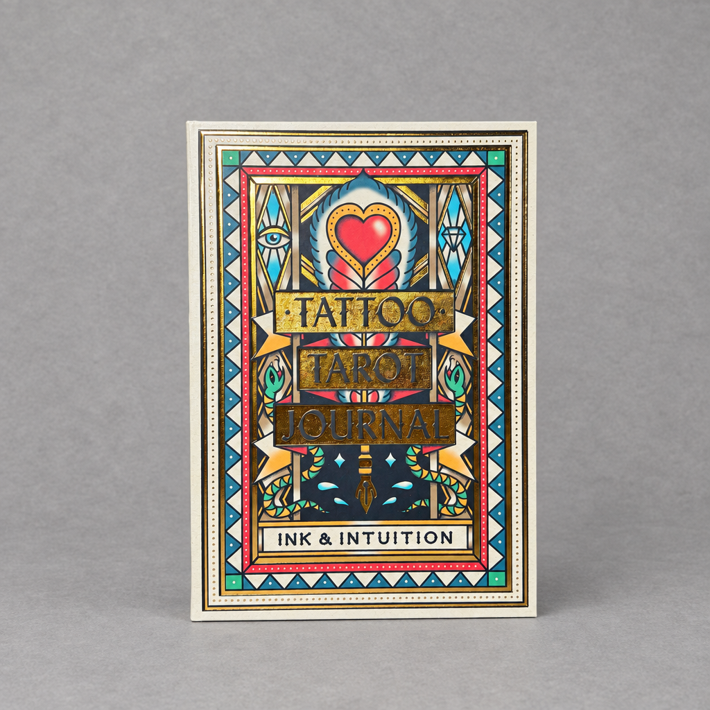 Impish Greetings Tattoo Tarot Journal with gold foil accents and vibrant traditional tattoo style cover art