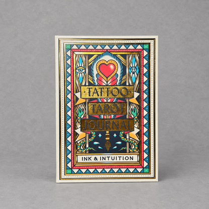 Impish Greetings Tattoo Tarot Journal with gold foil accents and vibrant traditional tattoo style cover art