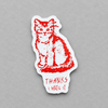 Impish Greetings vinyl sticker featuring a red cat illustration and the text Thanks I Hate It on a grey background.