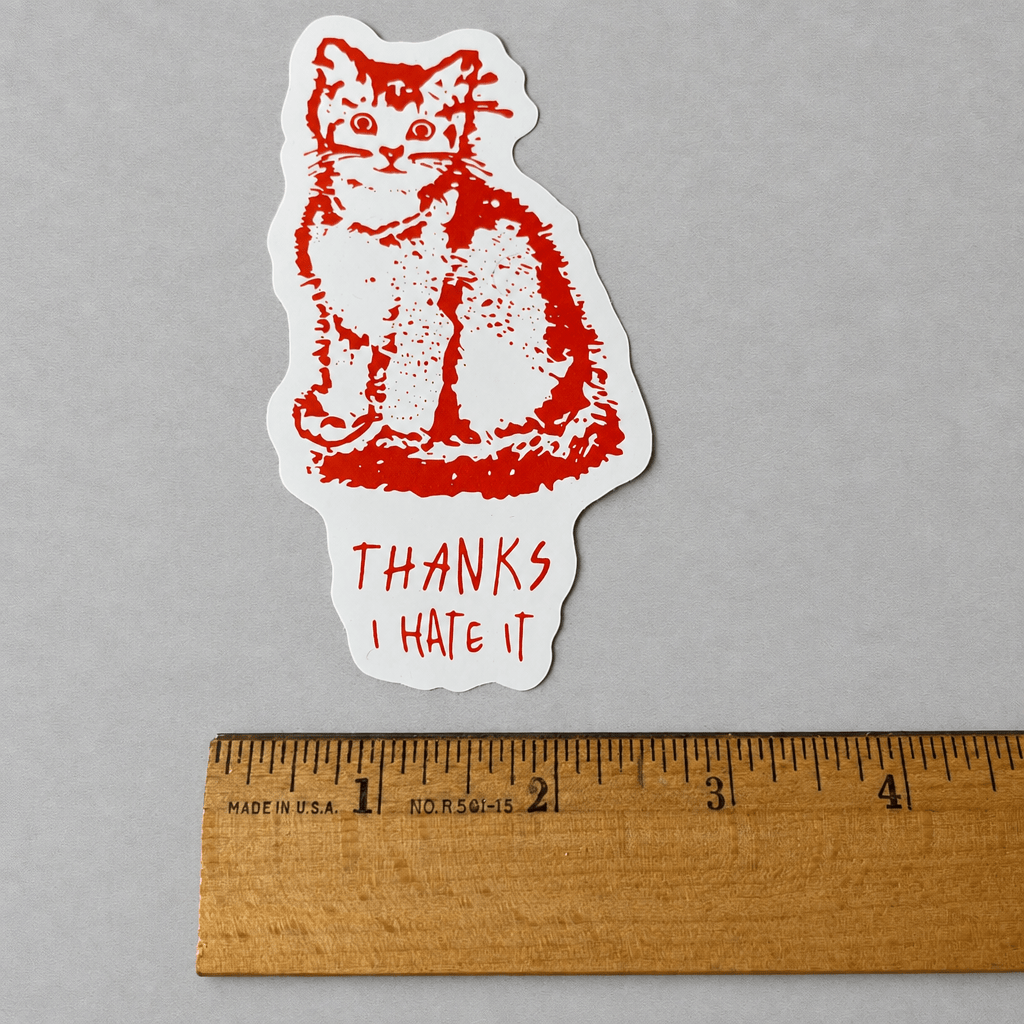 Impish Greetings Thanks, I Hate It vinyl sticker featuring a red cat illustration on a light grey background.