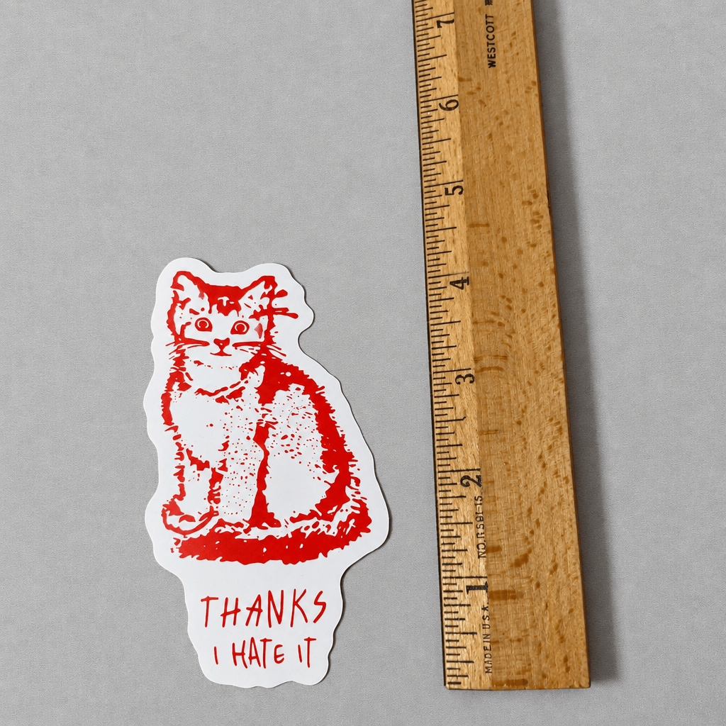 Impish Greetings Thanks, I Hate It vinyl sticker featuring a red cat illustration next to a wooden ruler for scale.