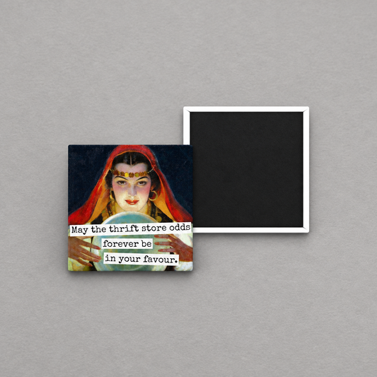 Impish Greetings square magnet featuring a vintage-style fortune teller illustration and thrift store quote.