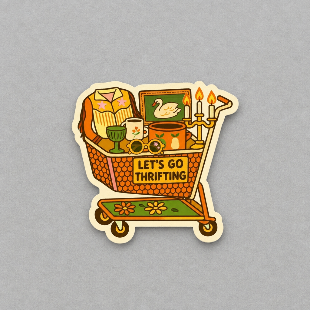 Impish Greetings Let's Go Thrifting sticker featuring a vintage shopping cart filled with retro treasures and decor.