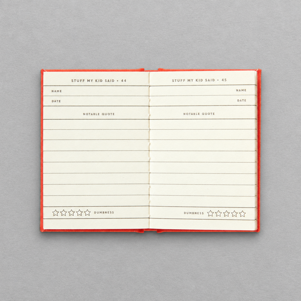 Impish Greetings Dumb Things My Kid Said tiny diary open to pages with fields for quotes and a dumbness star rating