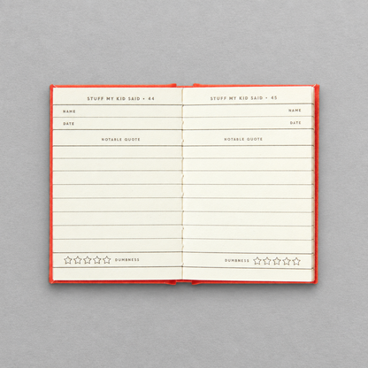 Impish Greetings Dumb Things My Kid Said tiny diary open to pages with fields for quotes and a dumbness star rating