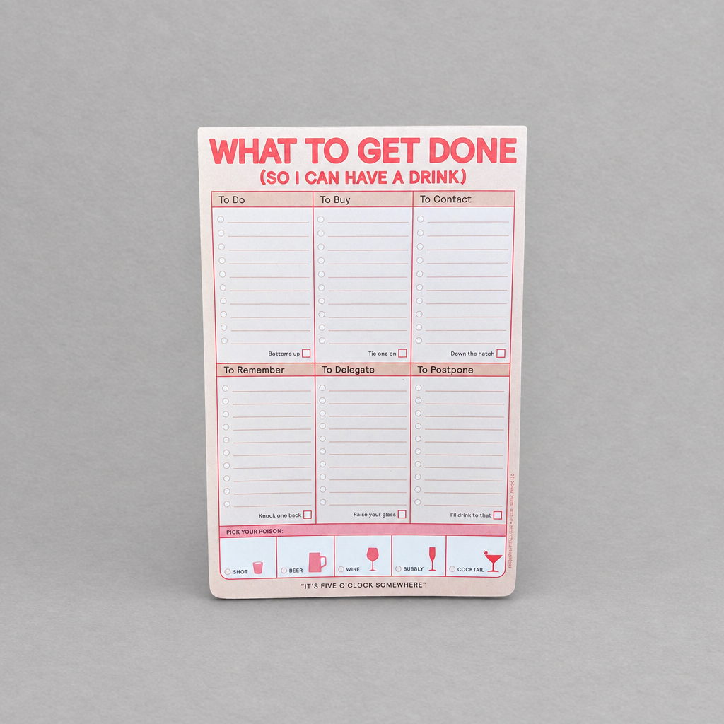 Impish Greetings What to Get Done notepad with pink and red text, featuring checkboxes and cocktail icons.
