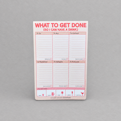 Impish Greetings What to Get Done notepad with pink and red text, featuring checkboxes and cocktail icons.