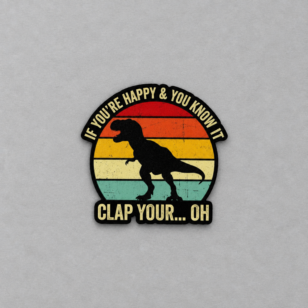 Impish Greetings waterproof vinyl sticker featuring a T-Rex silhouette against a retro sunset with funny text