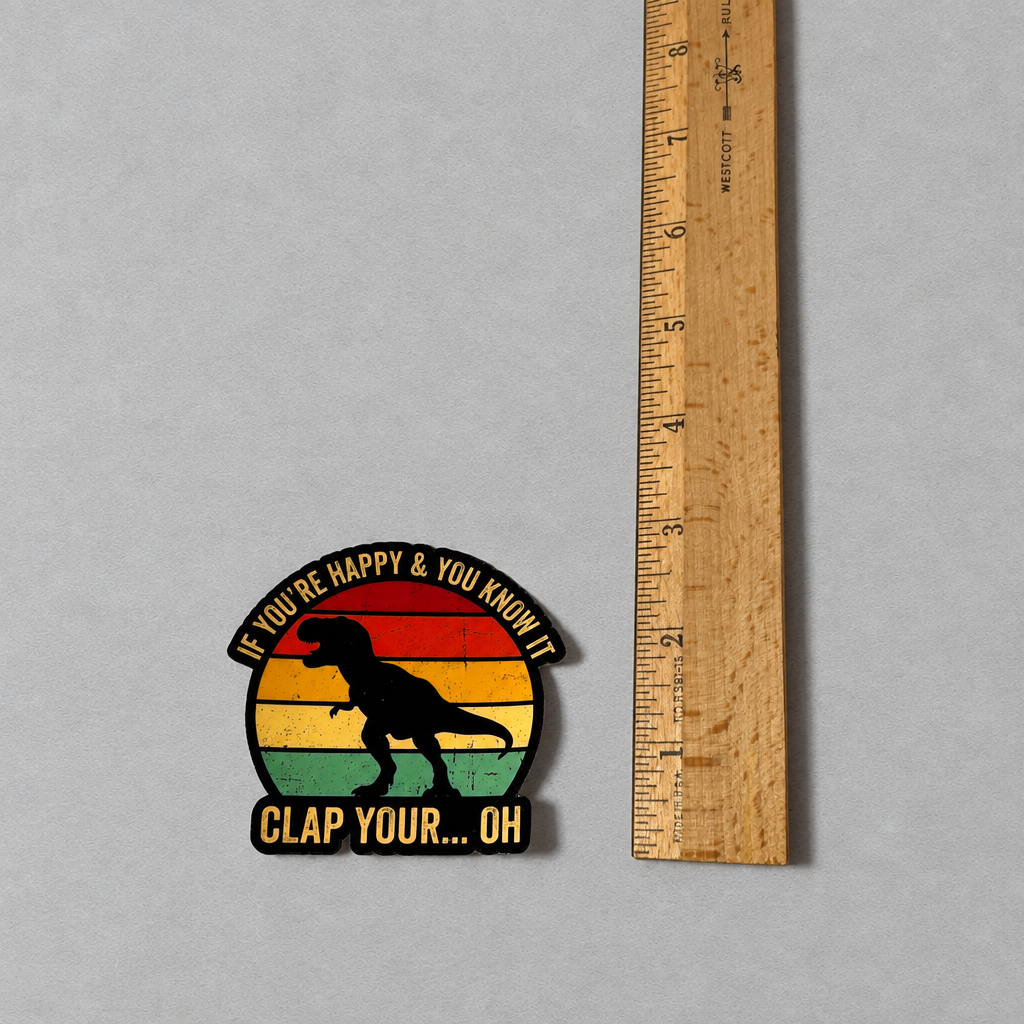 Impish Greetings waterproof vinyl sticker featuring a T-Rex silhouette against a retro sunset with funny text