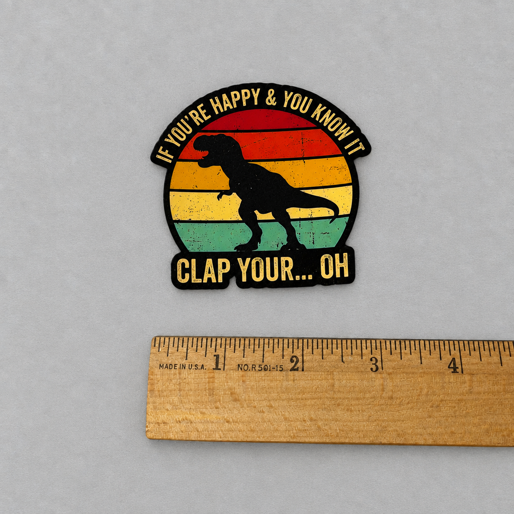 Impish Greetings waterproof vinyl sticker featuring a T-Rex silhouette against a retro sunset with funny text