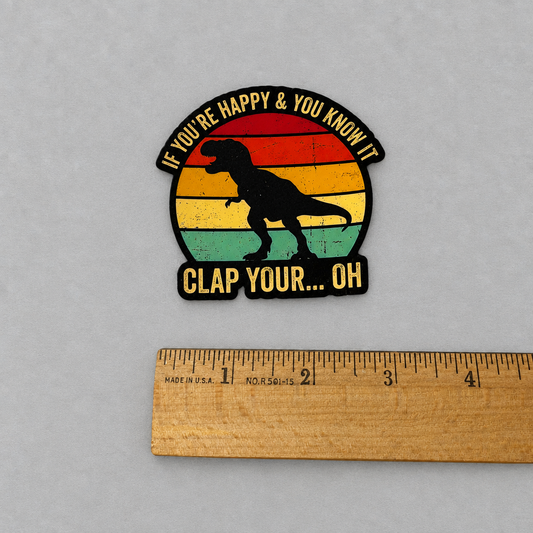 Impish Greetings waterproof vinyl sticker featuring a T-Rex silhouette against a retro sunset with funny text