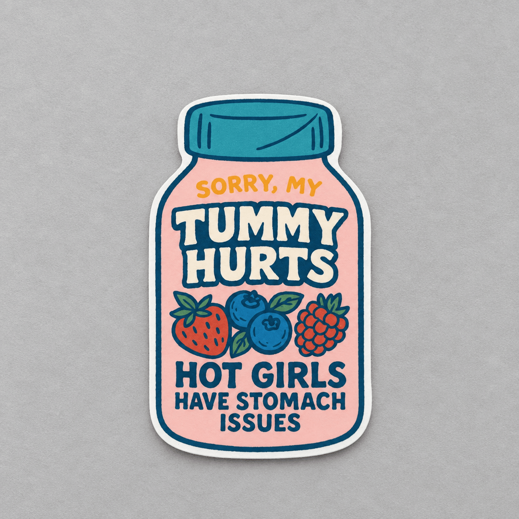 Impish Greetings Sorry My Tummy Hurts vinyl sticker featuring a jar illustration with berries and playful typography.