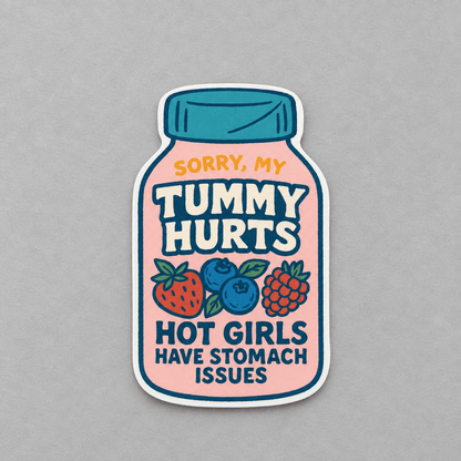 Impish Greetings Sorry My Tummy Hurts vinyl sticker featuring a jar illustration with berries and playful typography.
