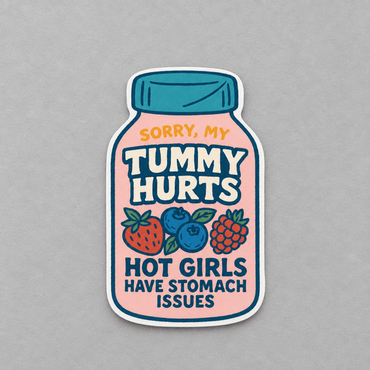 Impish Greetings Sorry My Tummy Hurts vinyl sticker featuring a jar illustration with berries and playful typography.