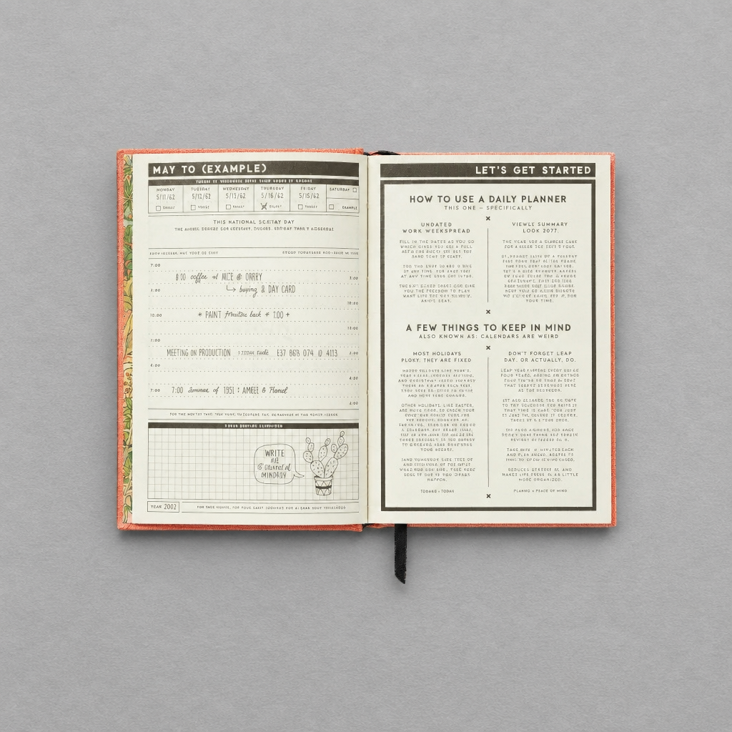 Impish Greetings Part-Time Adult Undated Planner open to a daily planning page with hourly schedule and grid notes.