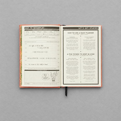Impish Greetings Part-Time Adult Undated Planner open to a daily planning page with hourly schedule and grid notes.