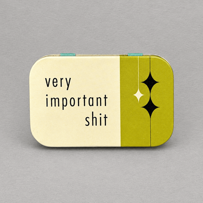 Impish Greetings Very Important Shit stash tin in cream and olive green with a hinged lid and retro star design.