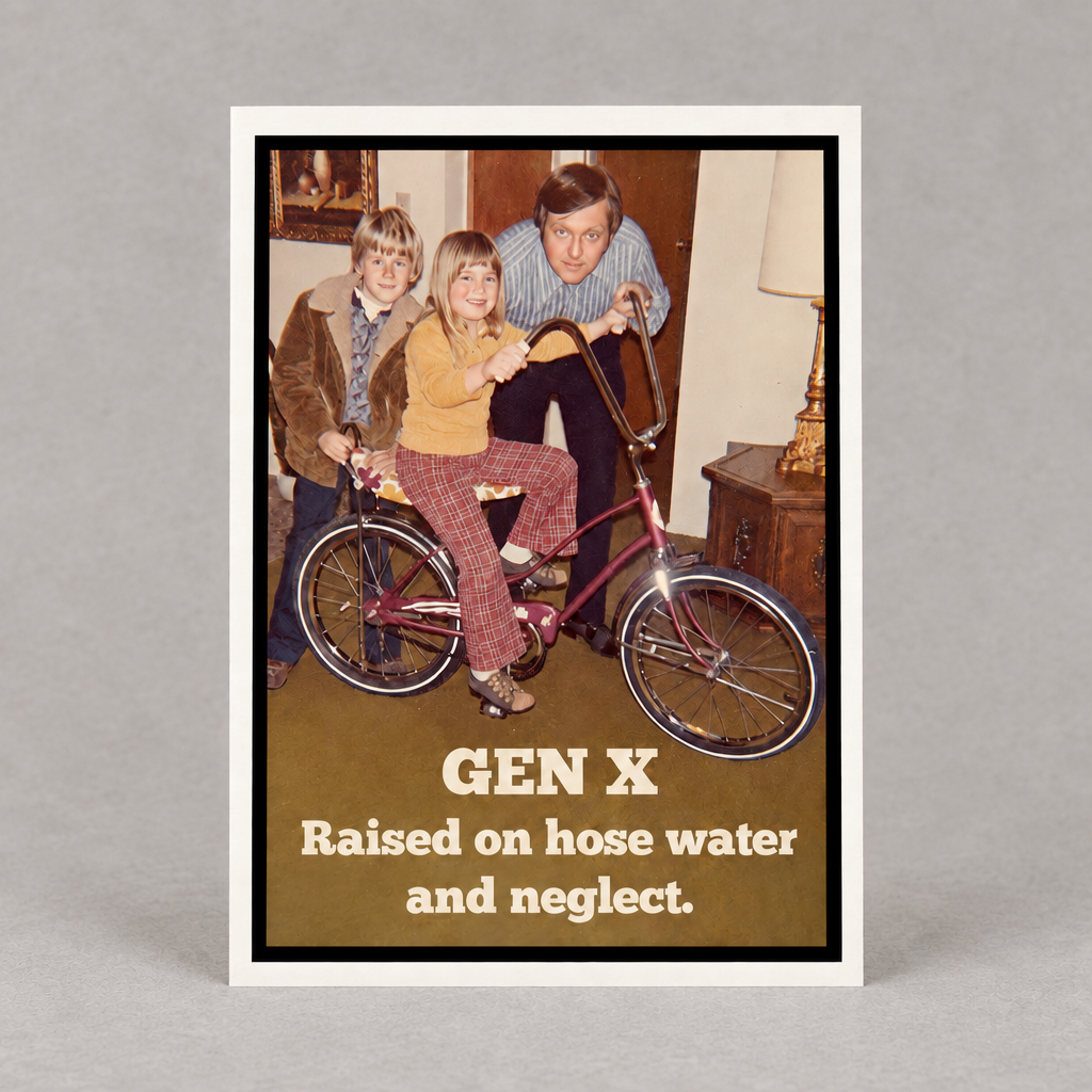 Impish Greetings vintage 70s style greeting card featuring a nostalgic family photo with Gen X text on card stock.