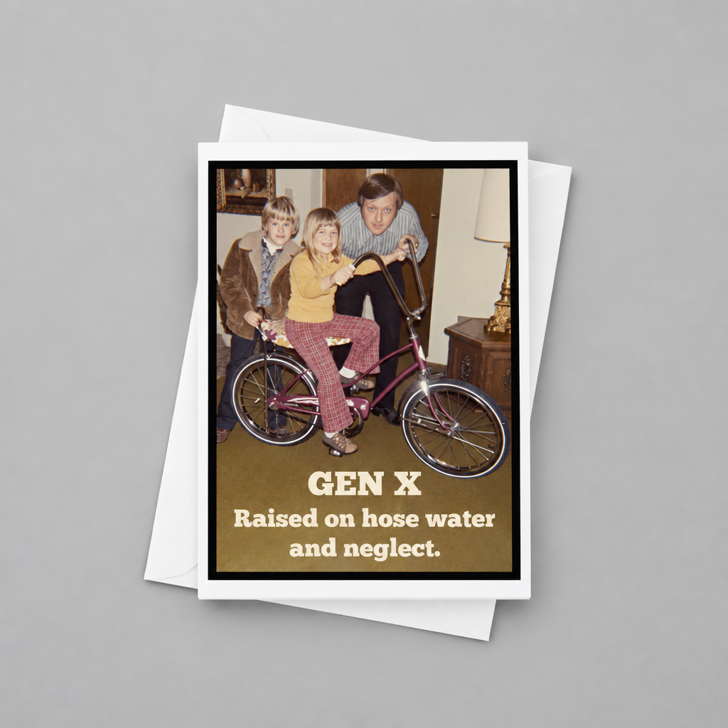 Impish Greetings vintage 70s style greeting card featuring a nostalgic photo of children on a bicycle with funny text.