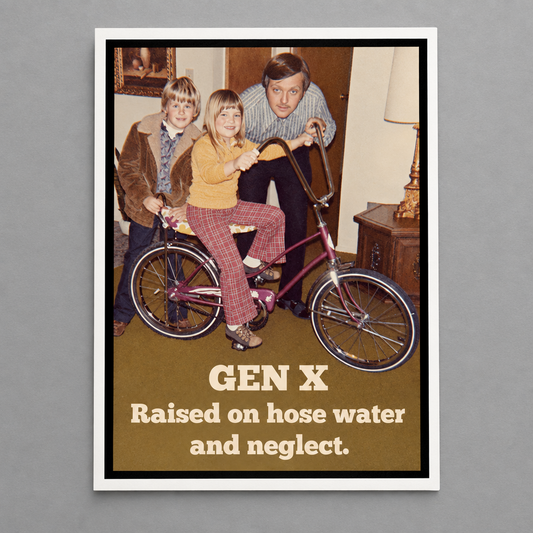 Impish Greetings vintage 70s style greeting card featuring a nostalgic family photo with funny Gen X text caption.