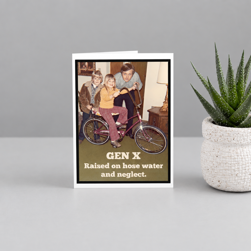 Impish Greetings vintage 70s style greeting card featuring a nostalgic family photo and funny Gen X text.