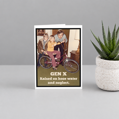 Impish Greetings vintage 70s style greeting card featuring a nostalgic family photo and funny Gen X text.