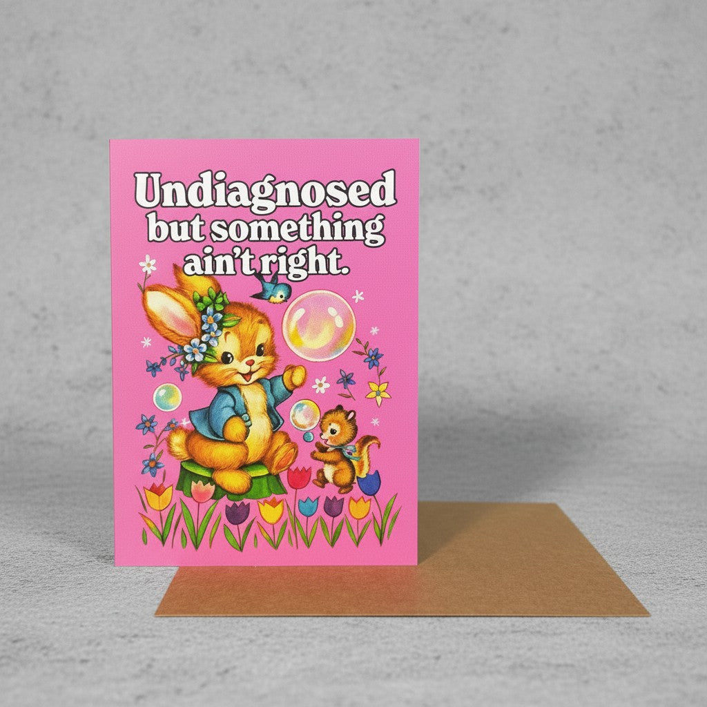 Vintage-style greeting card featuring a cute rabbit and squirrel with the text Undiagnosed but something ain't right.