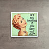 Impish Greetings vinyl sticker featuring a vintage-style woman and the text It's Not Hoarding If You Have Cool Stuff.