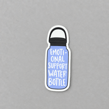 Impish Greetings glossy vinyl sticker featuring a light blue water bottle with the text Emotional Support Water Bottle