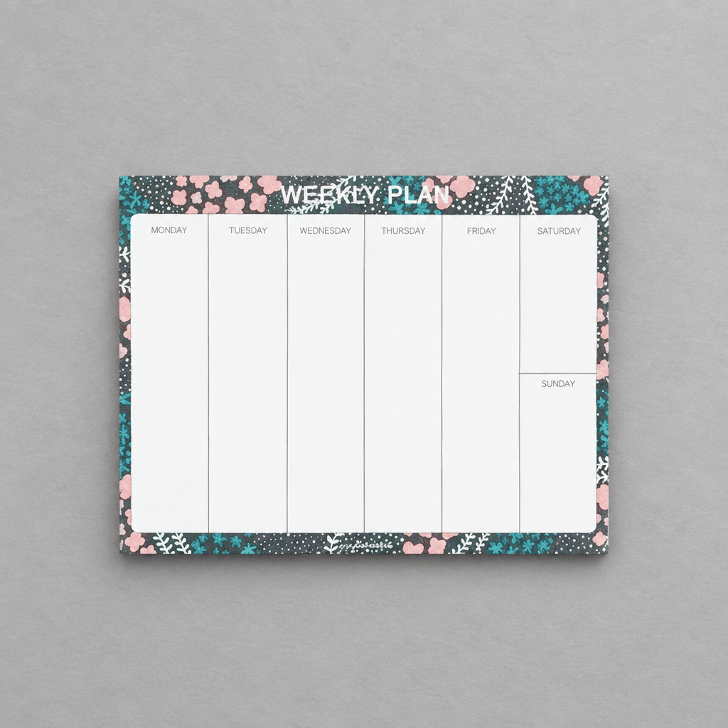 Impish Greetings weekly planner notepad with floral border on eco-friendly paper for organizing daily tasks