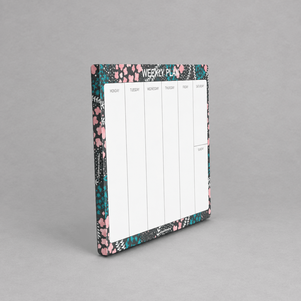 Impish Greetings Weekly Plan notepad with floral black border and white weekly columns on eco-friendly paper.