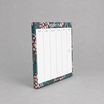 Impish Greetings Weekly Plan notepad with floral black border and white weekly columns on eco-friendly paper.