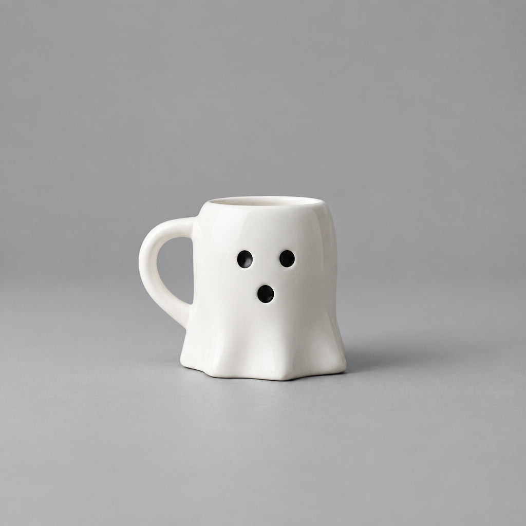 Impish Greetings white ceramic ghost-shaped coffee mug with a cute spooky face on a grey background.