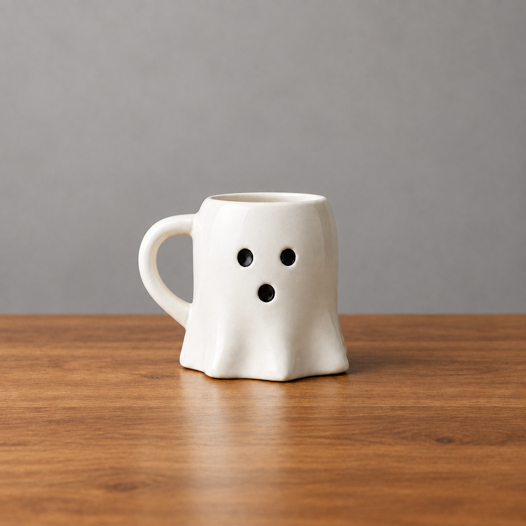 Impish Greetings white ceramic ghost-shaped coffee mug with a surprised face on a wooden table.