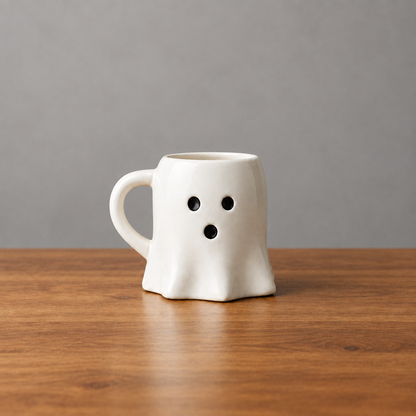 Impish Greetings white ceramic ghost-shaped coffee mug with a surprised face on a wooden table.